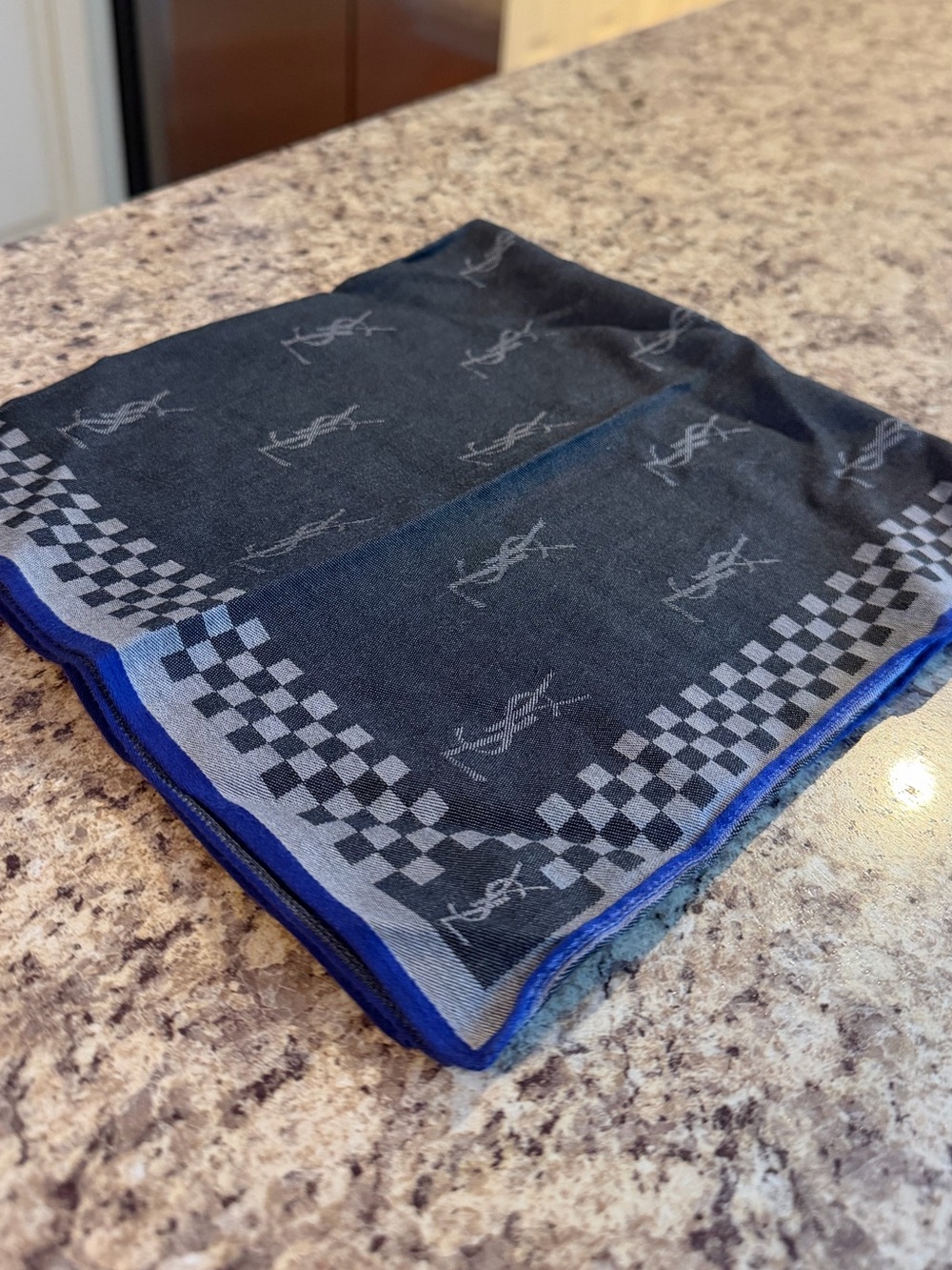Yves Saint Laurent Black Checkered Hankerchief with Blue Trim